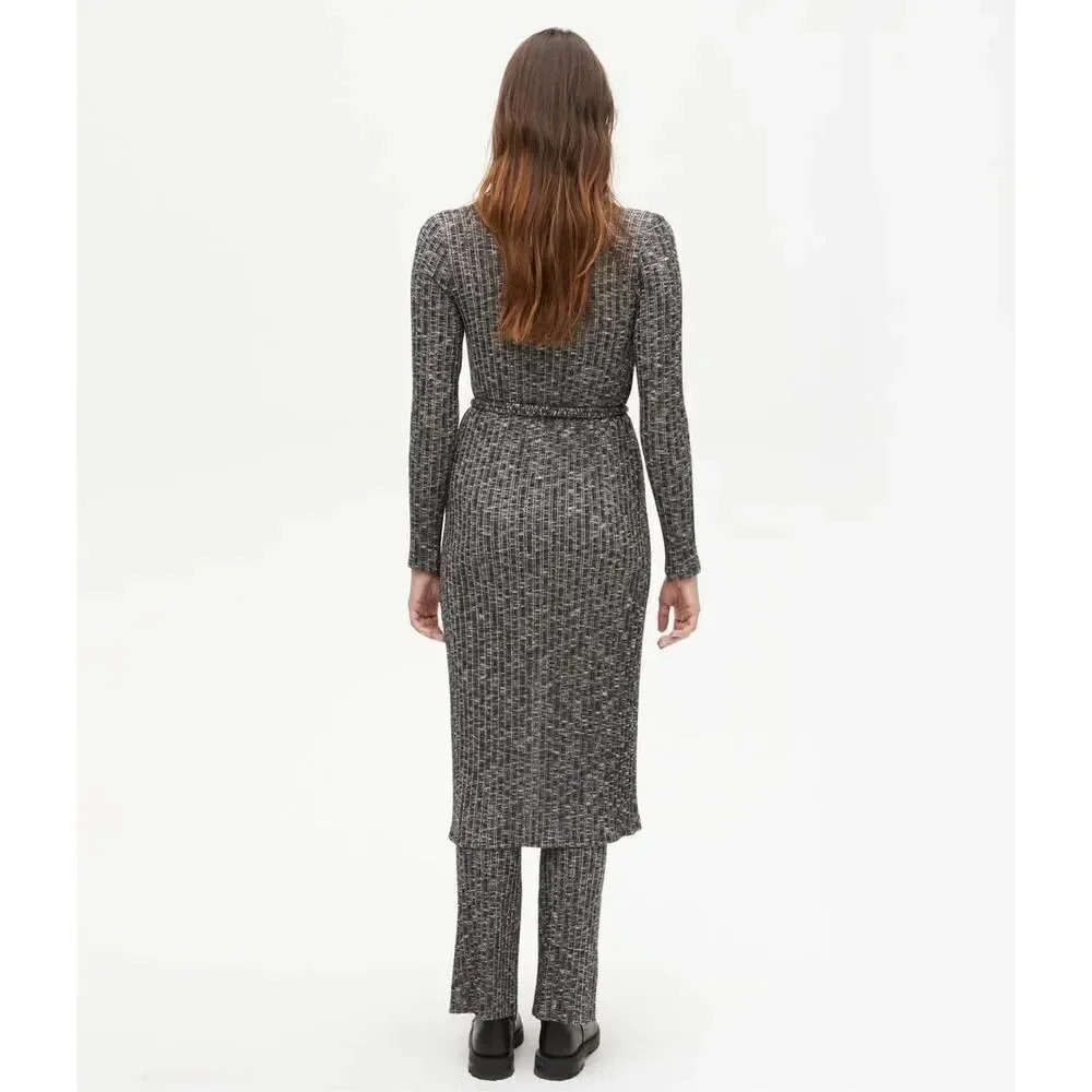 Michael Stars Duster Cardigan Midi Wrap Dress 2X Button Front Ribbed Black Gray - Picture 4 of 8